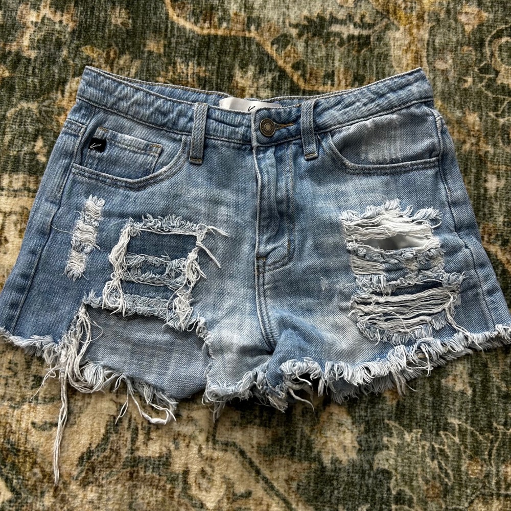 KanCan Distressed Denim Shorts Light Wash Blue Frayed Hem KC6216L Womens Size S